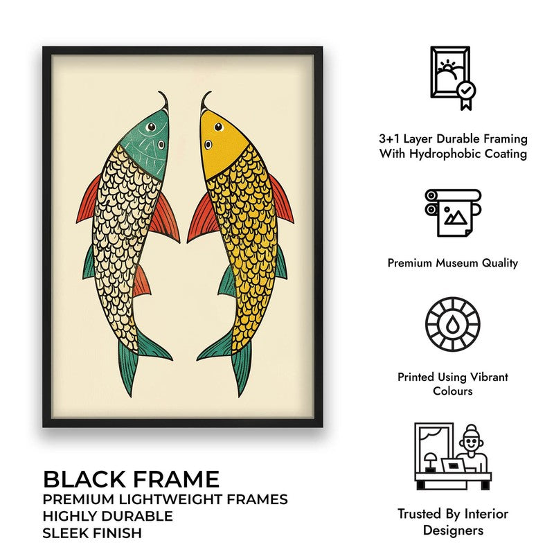 Twin Fish Folk Art Canvas Wall Painting With Black Frame media 12