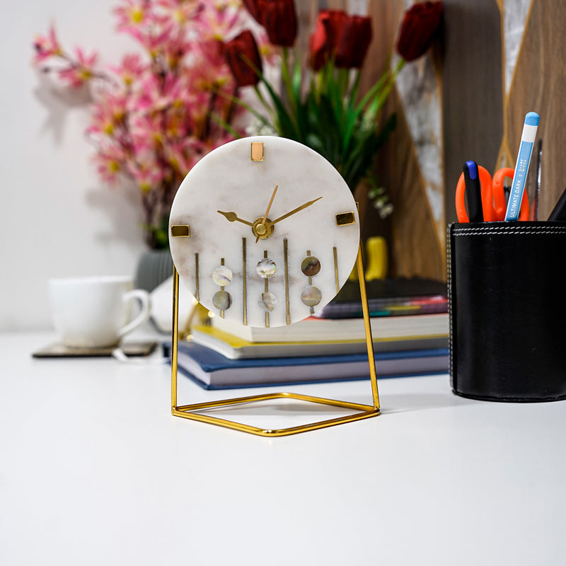 Moderna Marble Table Clock With Brass Inlay - White, Gold