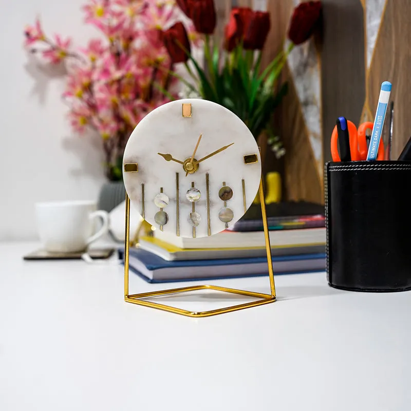 Moderna Marble Table Clock With Brass Inlay - White, Gold media 1