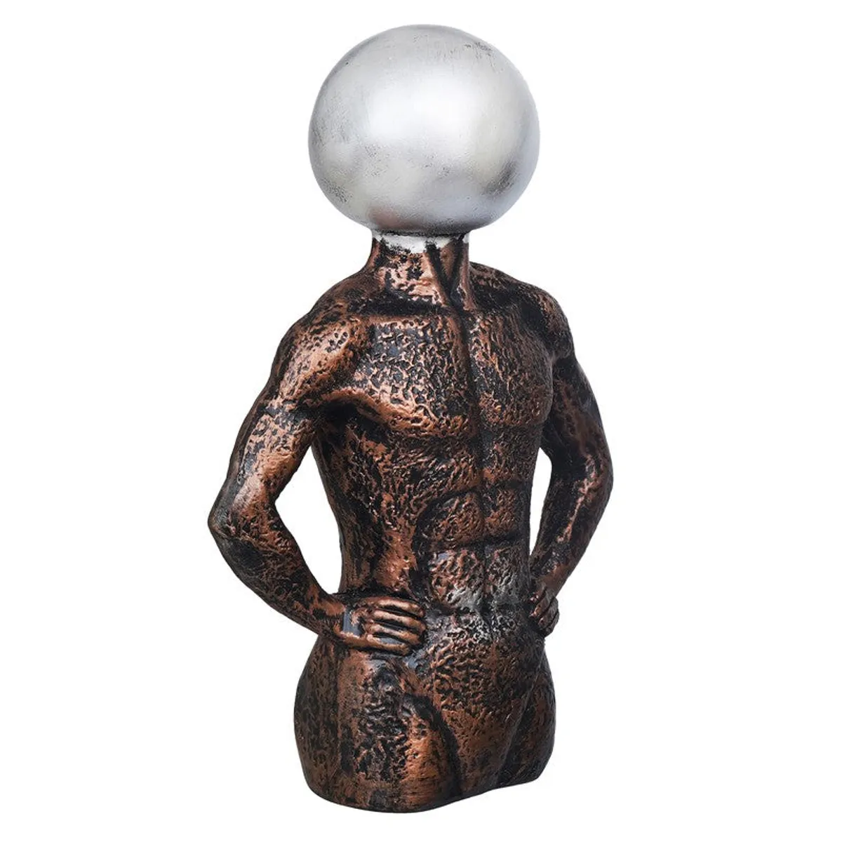Side view of sculptural male torso figurine with textured finish