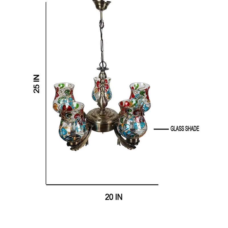 Ceiling lamp with five multicolour glass shades shown against a white background