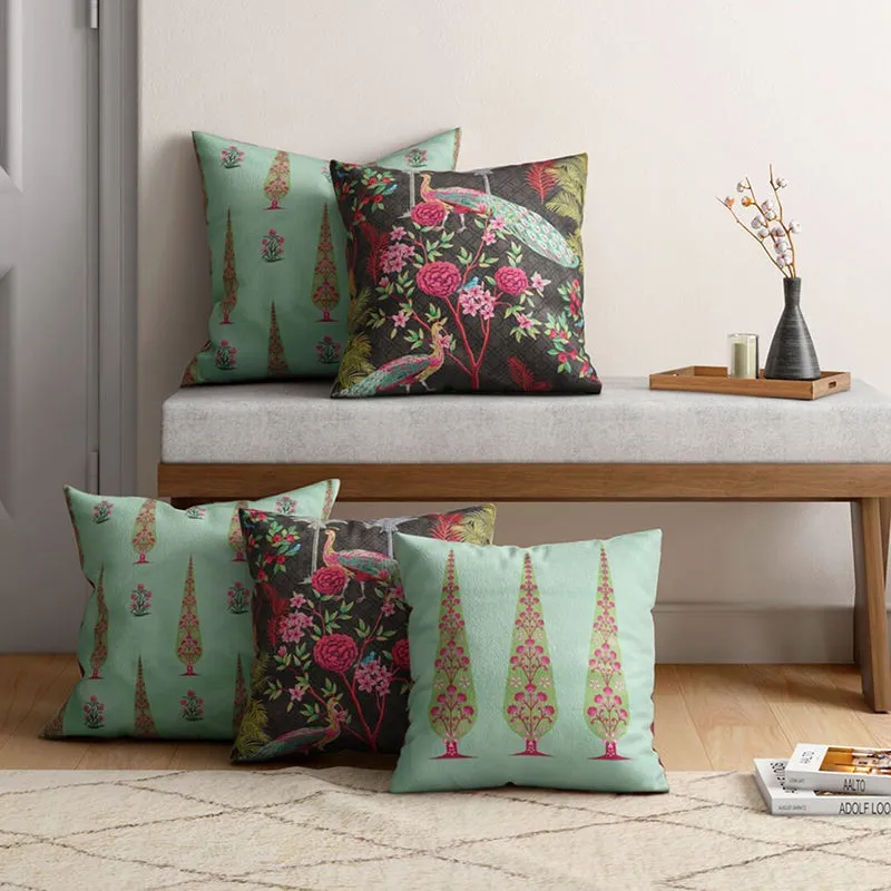 India Circus Peacock & Pine Printed Velvet Cushion Cover - Set Of Five media 3