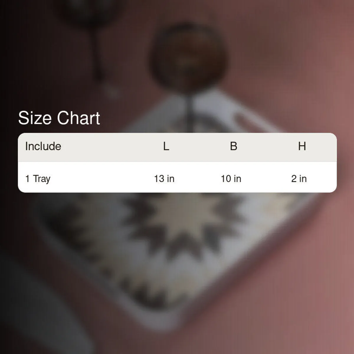 Serving tray size chart graphic shown over a blurred product image