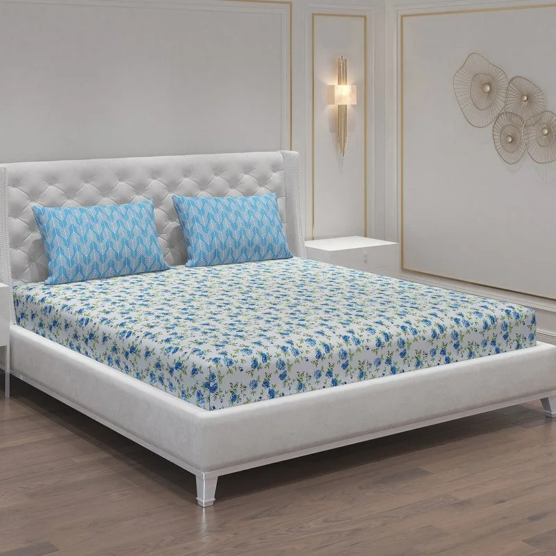 Monte Carlo Fleurish Cotton Bedsheet (White,Blue) - 104 TC media 1