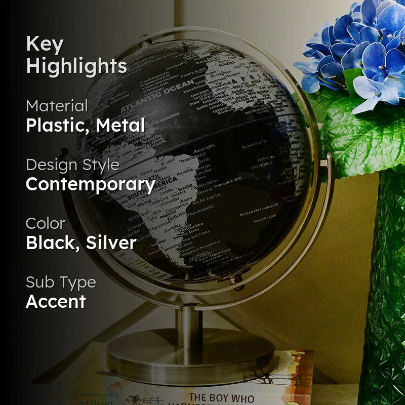 Black globe showpiece with text overlay highlighting material, style, colour and subtype