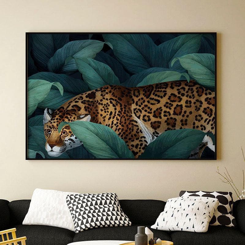 Cheetah In Jungle Canvas Wall Painting - Black Frame