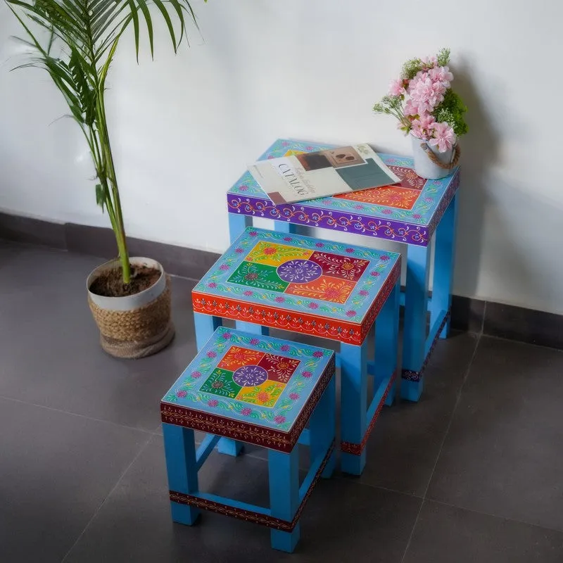 Eryx Folk Art Mango Wood Stool - Set Of Three media 4