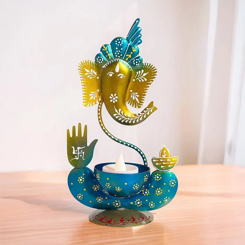 Vigneshwara Handpainted Tea Light Candle Holder - Blue media 1