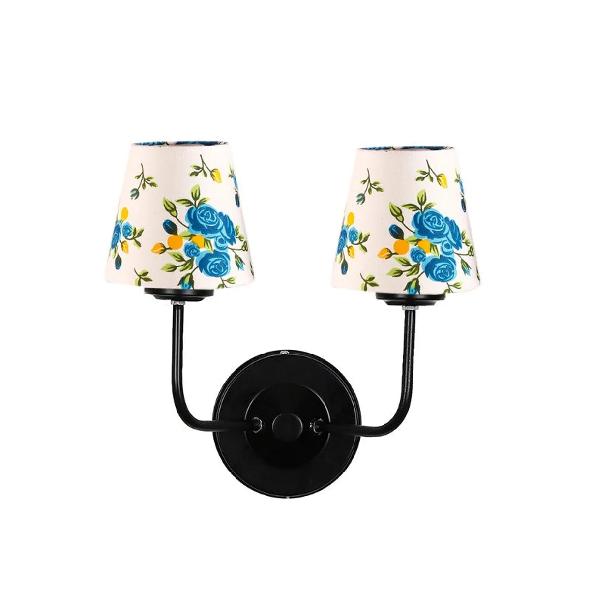 Studio front view of twin wall lamp with two white shades and black mount