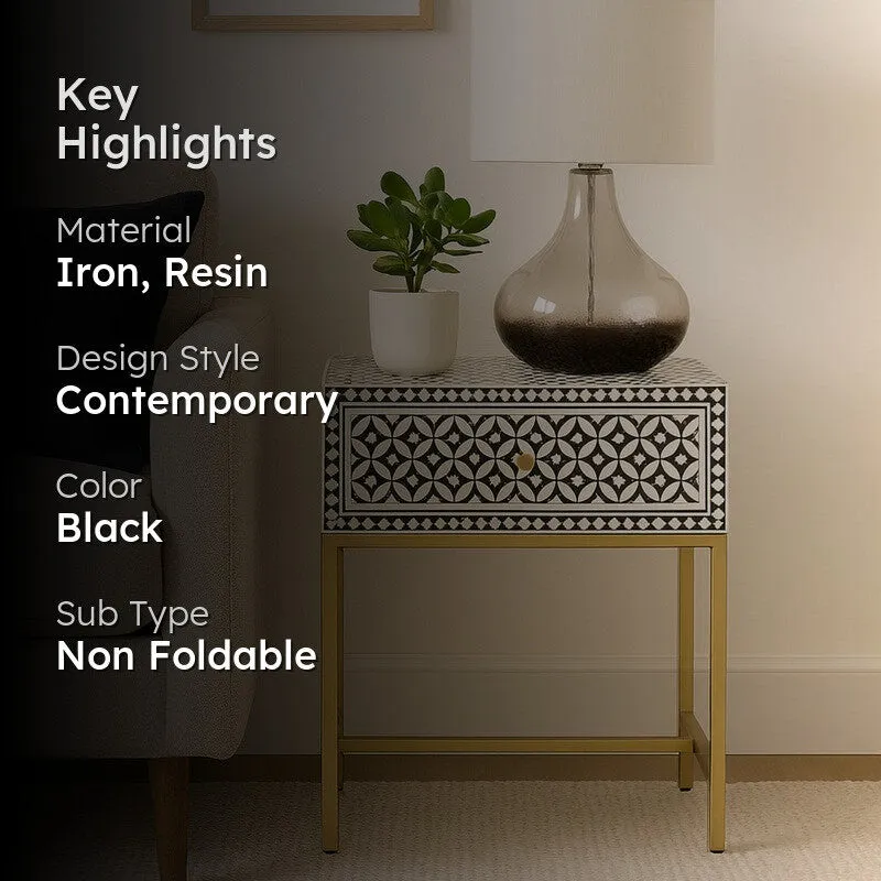 Sleek Black Bone Inlay Bedside Table media 2