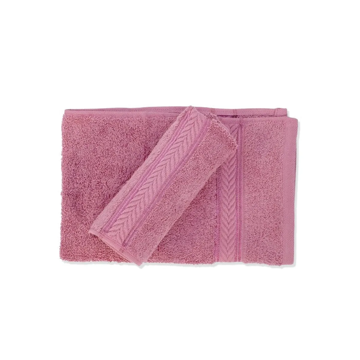 Pink hand towel set laid flat on a white background