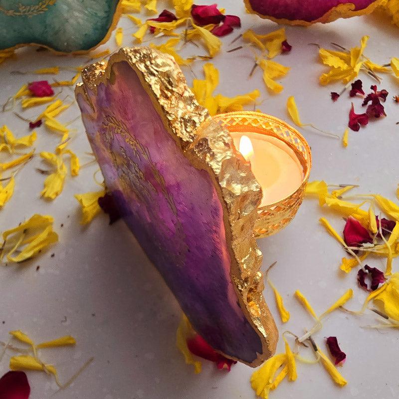 Festive Gayatri Mantra Agate Tealight Candle Holder - Purple media 4