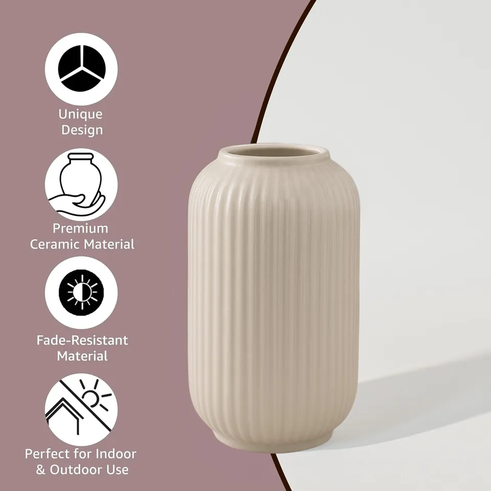 Opulent Ribbed Ceramic Vase - Beige media 6