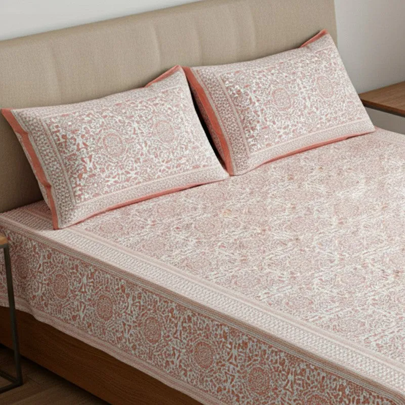 Anvi Ethnic Printed Cotton Bedsheet (Peach) - 120 TC media 3