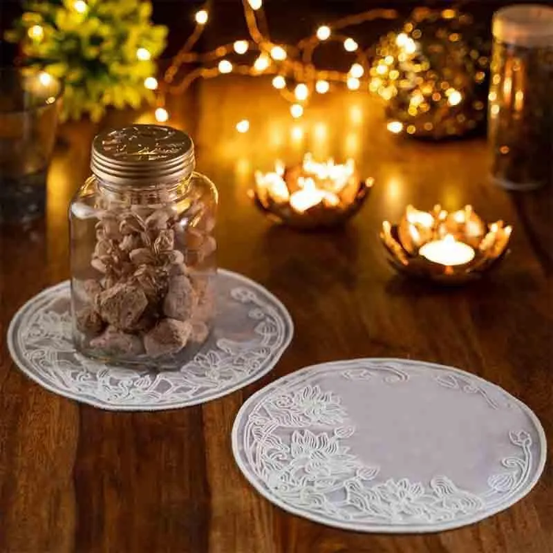 Embroidered French Doily Lotus Coasters - Set Of Six media 1