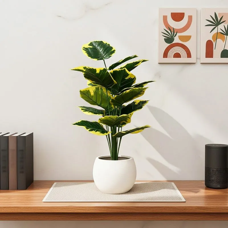 Palmae Artificial Philodendron Caladium Plant With Black Plastic Pot - 2.5 Feet media 1