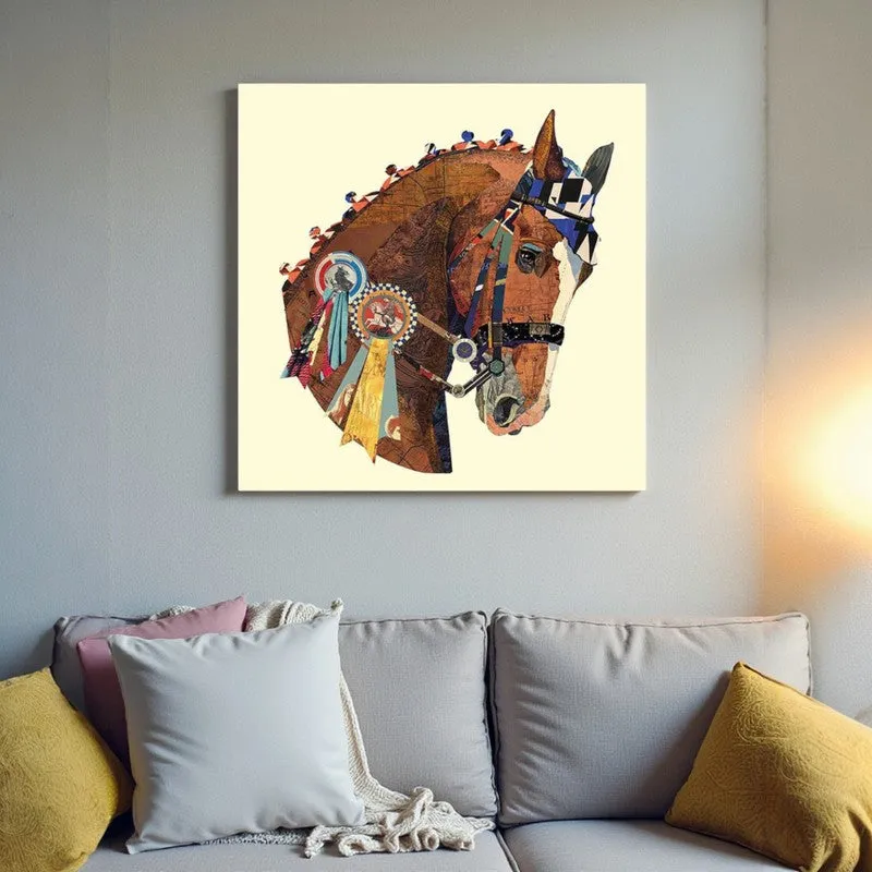 Horse head canvas wall art hung above a grey sofa with yellow cushions.
