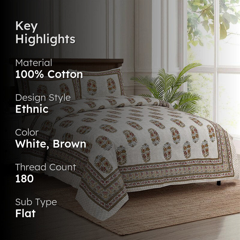Thantra Ethnic Cotton Bedsheet (White,Brown) - 180 TC media 2
