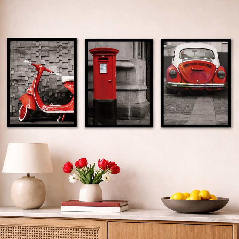 Crimson City Paper Wall Painting With MDF Frame (Black) - Set Of Three