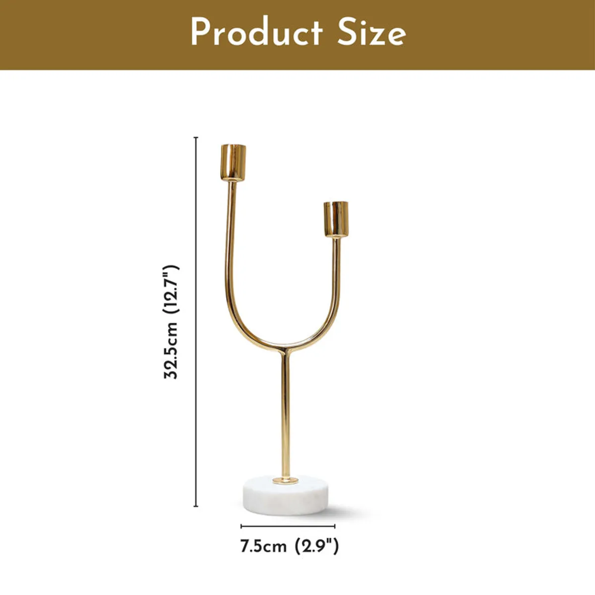 Gold U-shaped candle holder with white base on a plain background