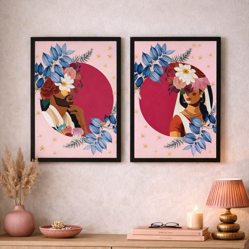 Diva Bloom Paper Wall Painting With MDF Frame - Set Of Two