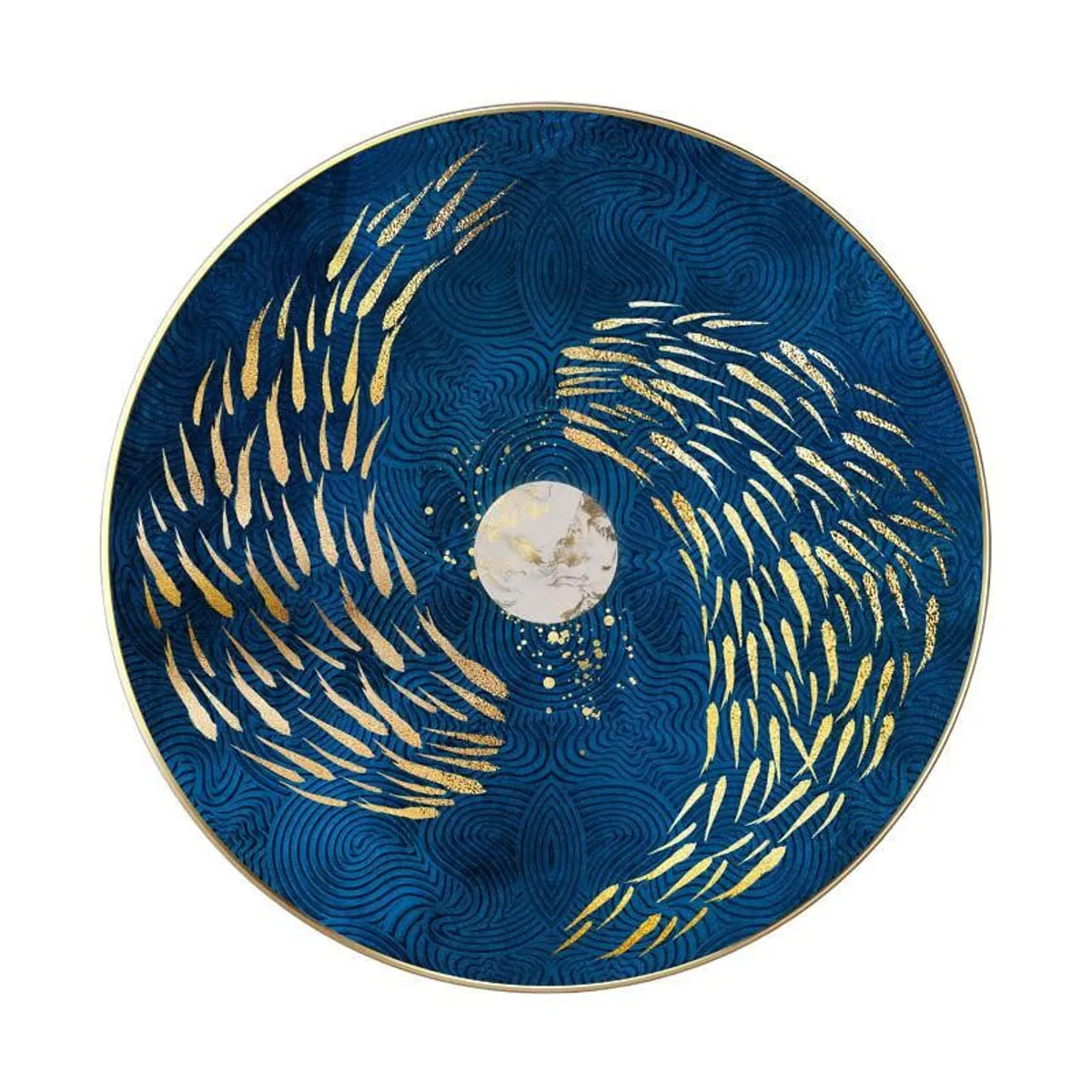 Round blue abstract wall art with gold swirls on a white background