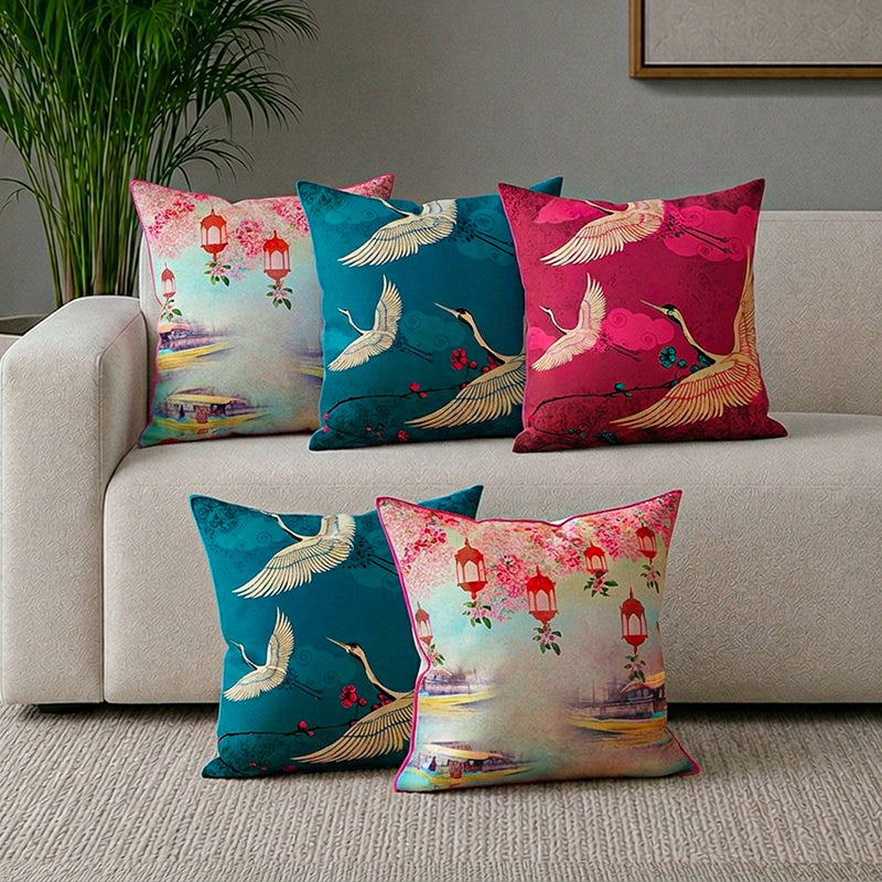 Oriental Crane Printed Satin Cushion Cover - Set Of Five - 16 x 16 Inches