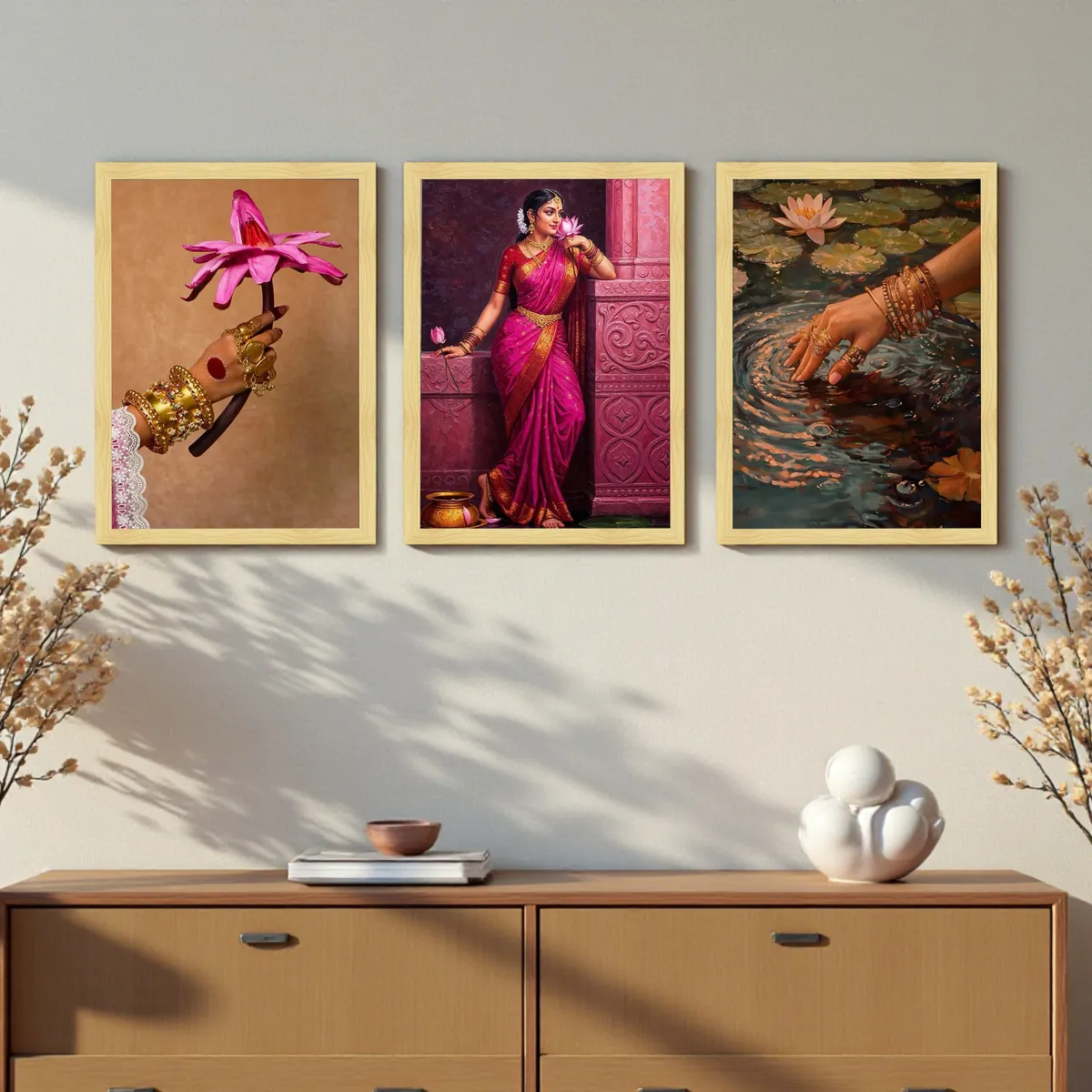 Classical Indian Woman Wall Painting With Frame - Set Of Three media 5