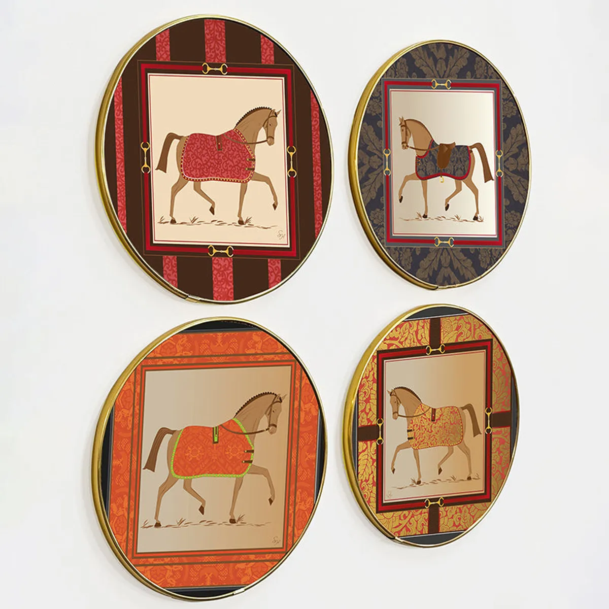 Four oval framed horse wall art pieces arranged in a grid on a white wall