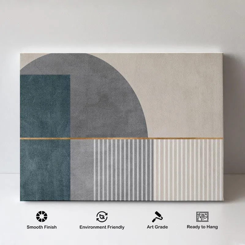 Close view of a geometric wall painting with grey, blue, gold and striped detailing.