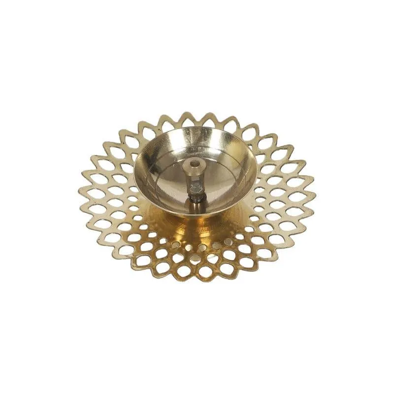 Gold brass diya with an intricate round floral cutwork base