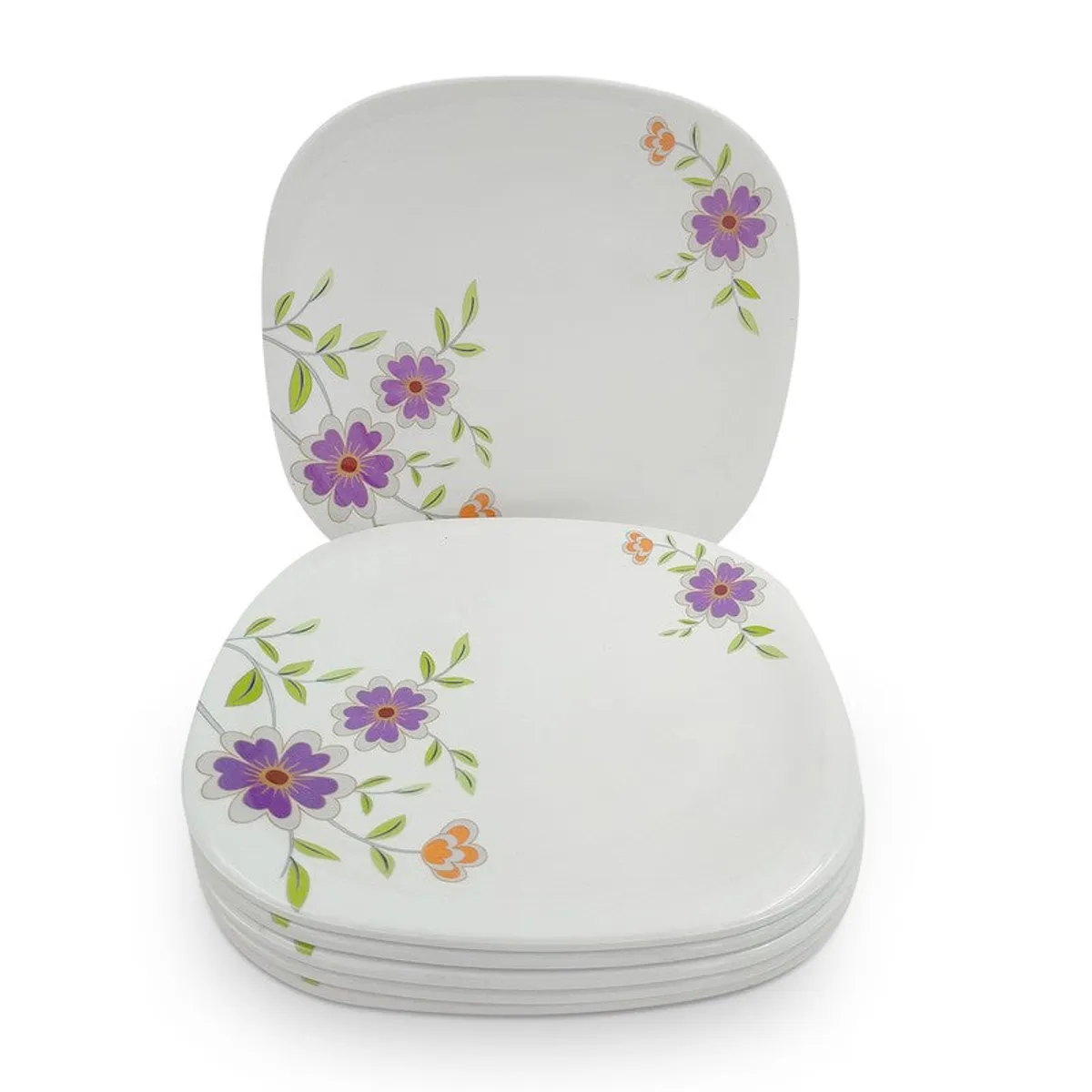 Six square white dinner plates with purple and green floral accents