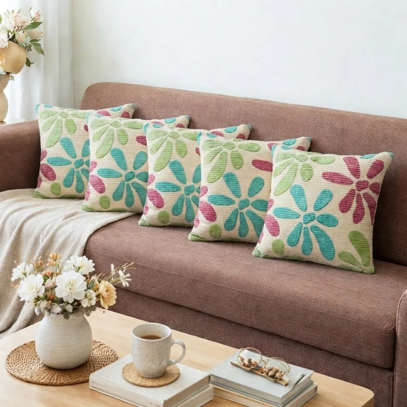FloralGrace Cushion Cover (Teal, Maroon) - Set Of Five media 2