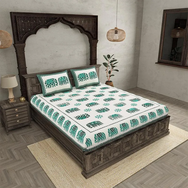 Hasthi Ethnic Cotton Bedsheet (White,Green) - 180 TC media 1