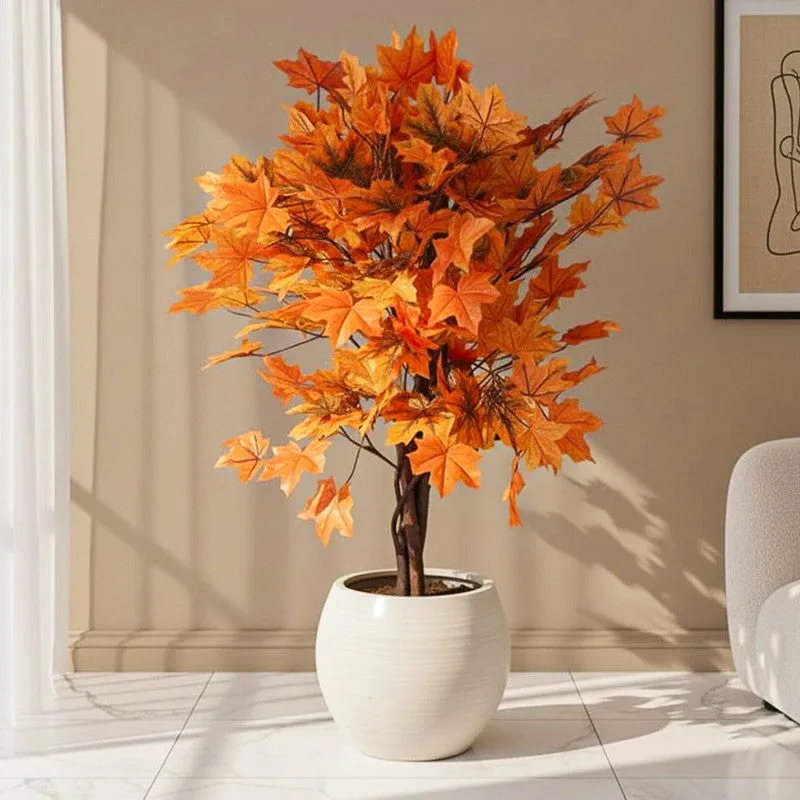 Faux Lush Maple Plant With Black Plastic Pot - 4.1 Feet media 1