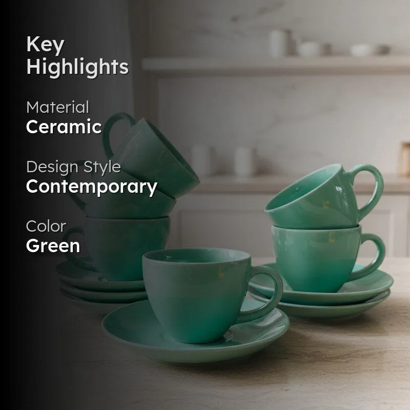 Ceramic Cup & Saucer (Sage Green/180 mL Each) - Set of Six media 2