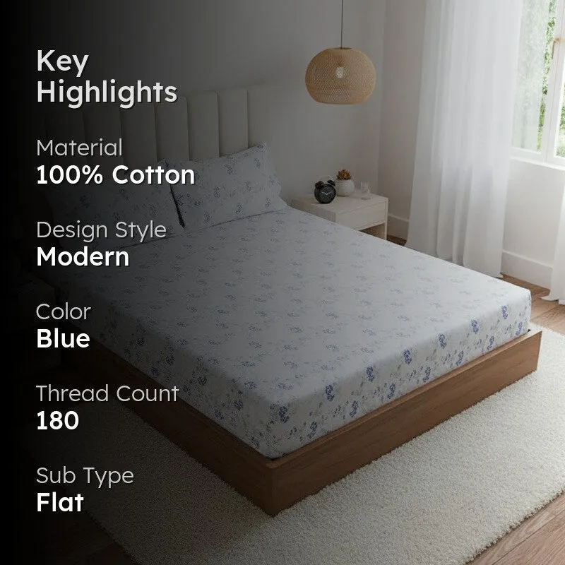 Nivara Floral Cotton Bedsheet (White,Blue) - 180 TC media 2