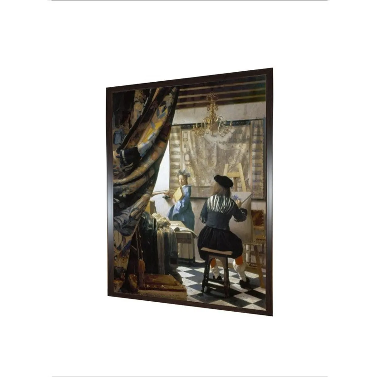 Angled view of a dark-framed canvas artwork depicting an artist at work