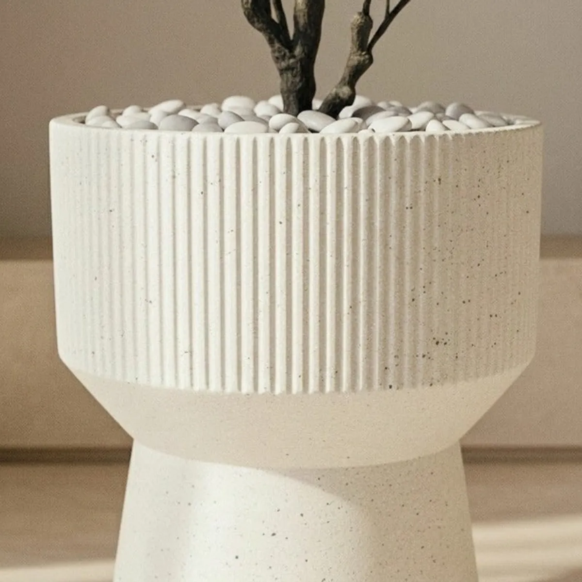 Close-up of an off-white planter filled with white stones around a plant trunk.