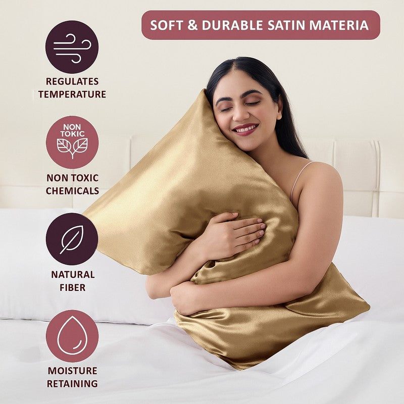 SilkenAura Satin Pillow Cover with a Scrunchy (Gold) - Set Of Two media 7