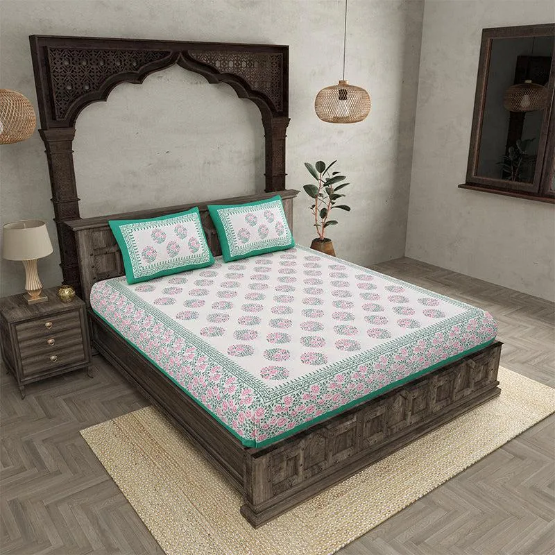Lavo Floral Cotton Bedsheet (White,Green) - 180 TC media 1