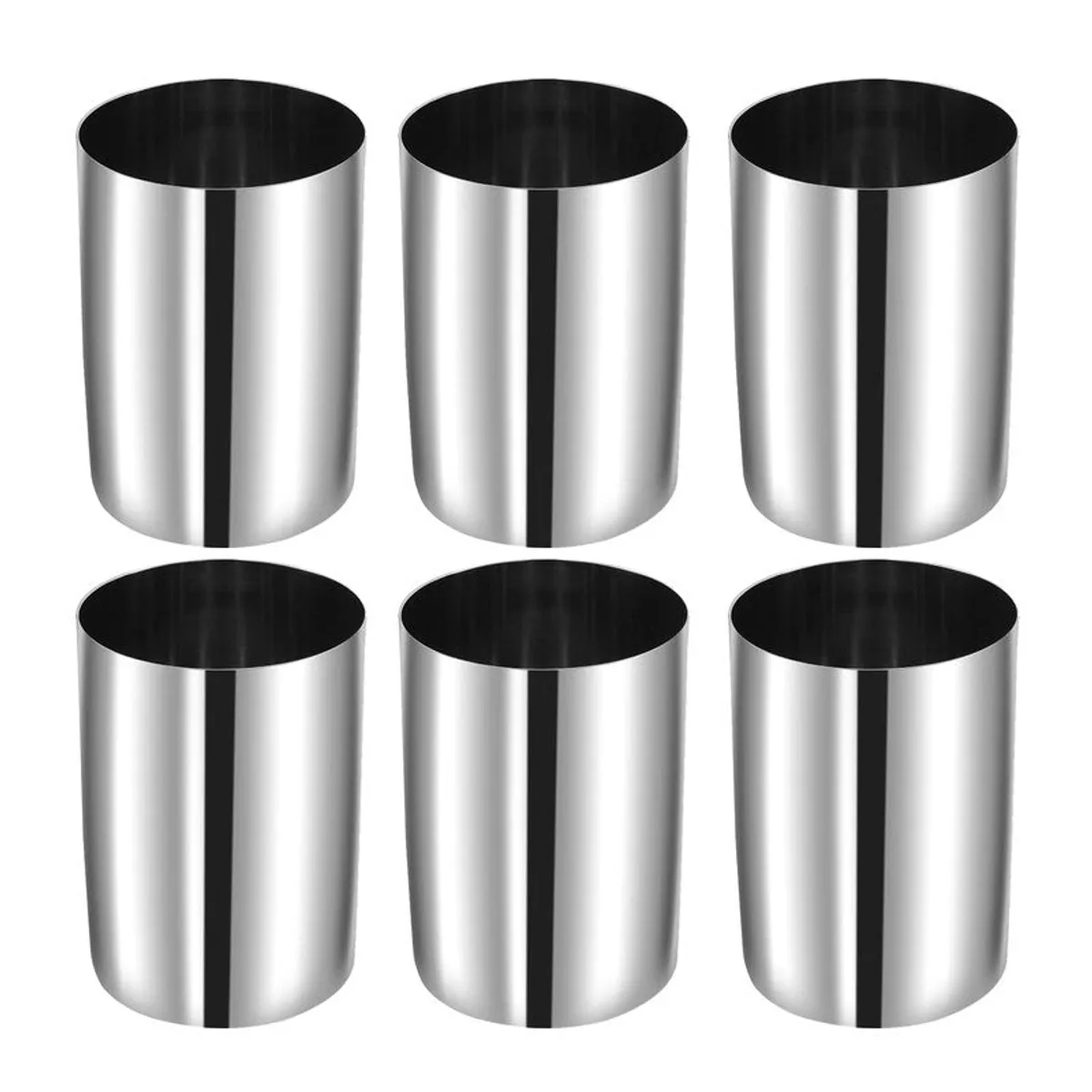 Six matching silver cylindrical glasses arranged in two rows