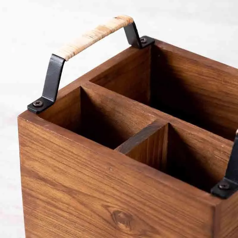 Rustic Wooden Cutlery Stand with Metal Handles media 3