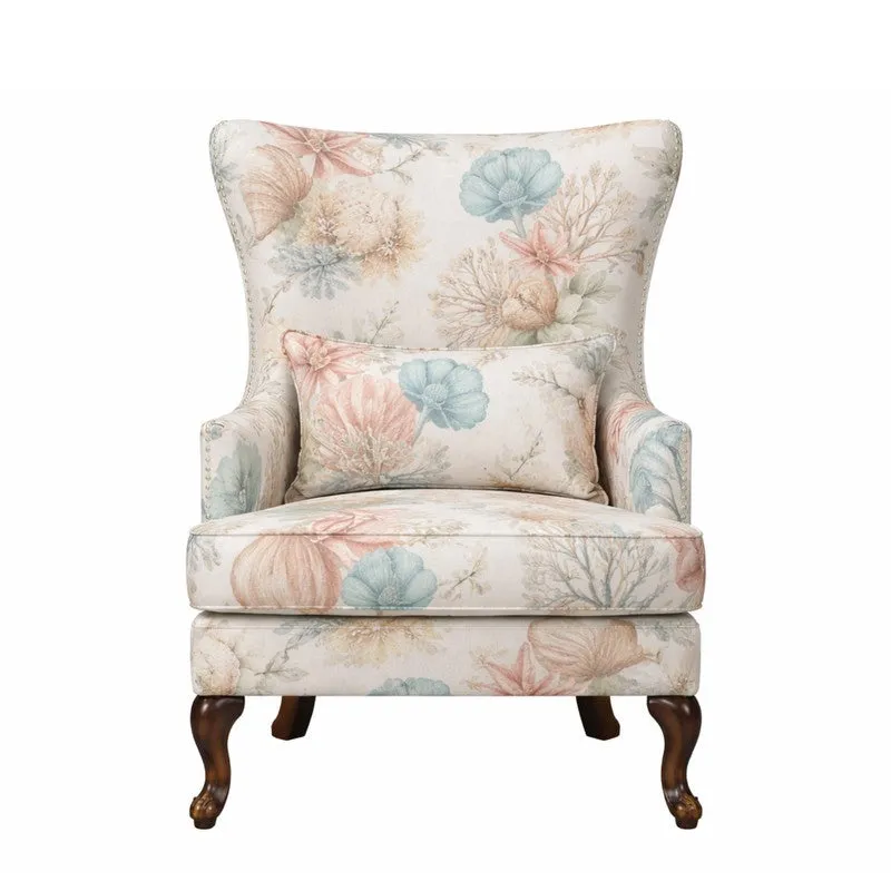 Esten Teak Wood & Velvet Heritage Floral Lounge Chair media 3