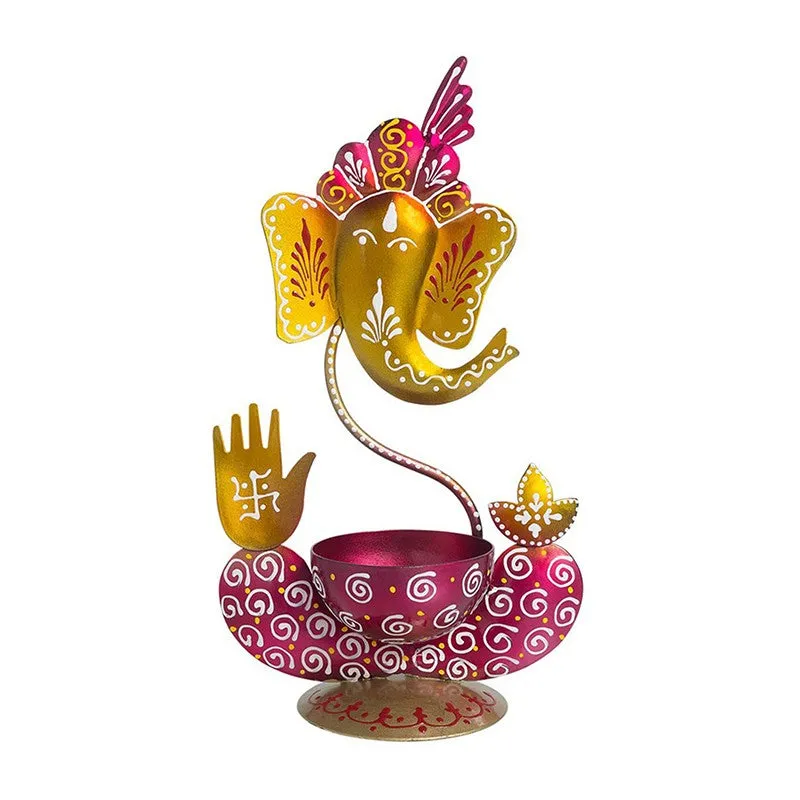 Ganesha Handpainted Tea Light Candle Holder - White media 2