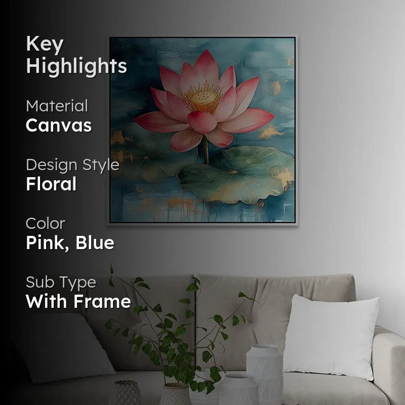 Lotus Lake Canvas Wall Painting With Frame - White media 2