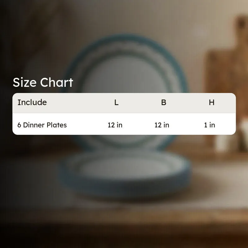 Blue and white dinner plate set shown with a size-chart overlay