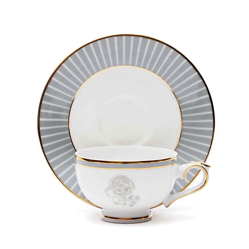 Gilded Iris 24k Gold Brushed Porcelain Tea Cup & Saucer (Grey/ 280 mL) - Set of Six media 4