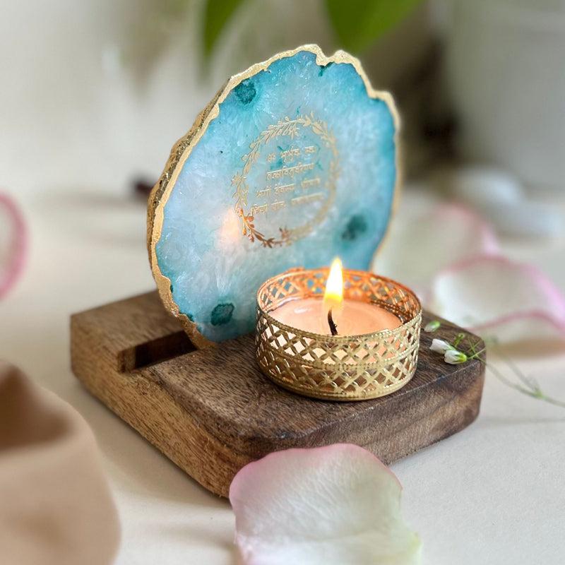Gayathri Mantra Handcrafted Agate Religious Accent With Tealight Candle Holder - Green media 3