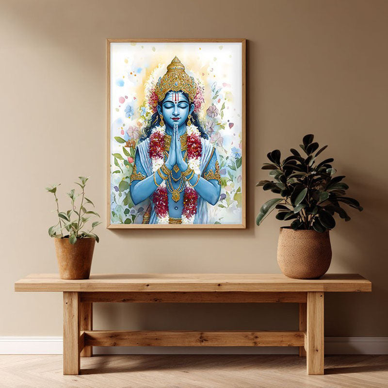 Hari Govinda Spiritual Archival Paper Wall Painting - Natural Brown Frame